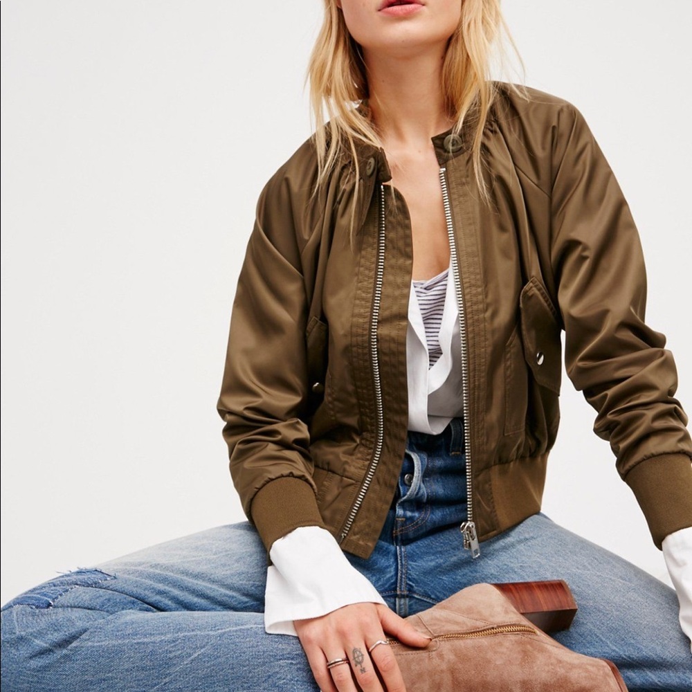 FREE PEOPLE MIDNIGHT BOMBER JACKET IN DARK GREEN